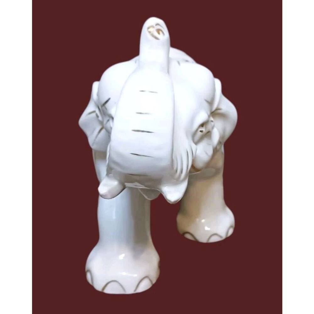 VTG Japan Ucagco White Ceramic Elephant Figurine Gold Accents Trunk Up Good Luck - Picture 2 of 6